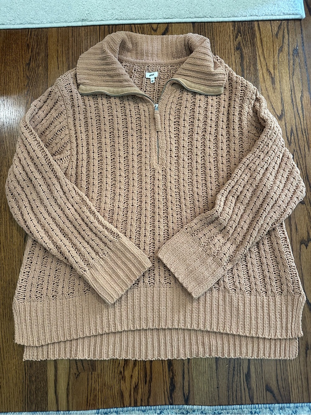 Aerie Cable Car Quarter-Zip Chunky Knit Tan Sweater - Large